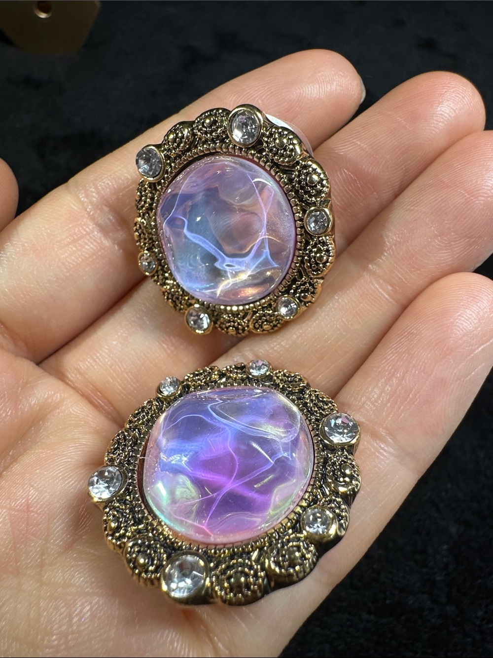 Avon Gold-Tone Earrings with Iridescent Pink Centers